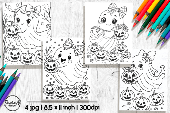 Download Cute Ghost with Pumpkin Coloring Page - Premium Resources