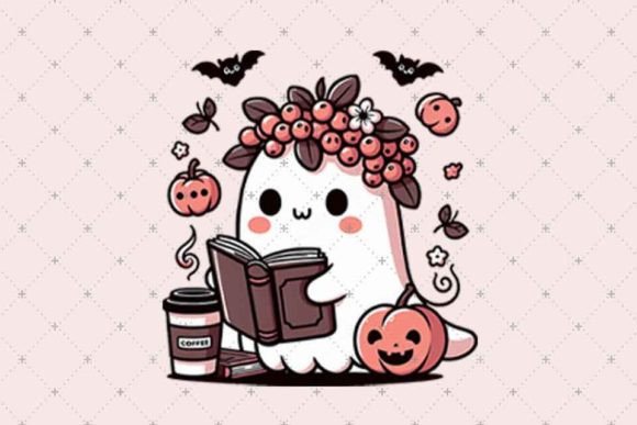 Download Halloween Cute Ghost Reading with Coffee - Premium Resources