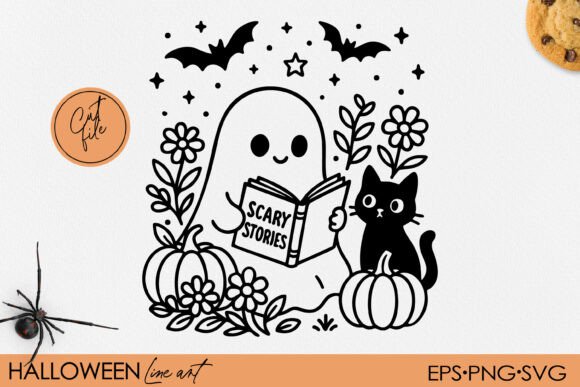 Download Cute Ghost Reading with Cat Clipart SVG - Premium Resources